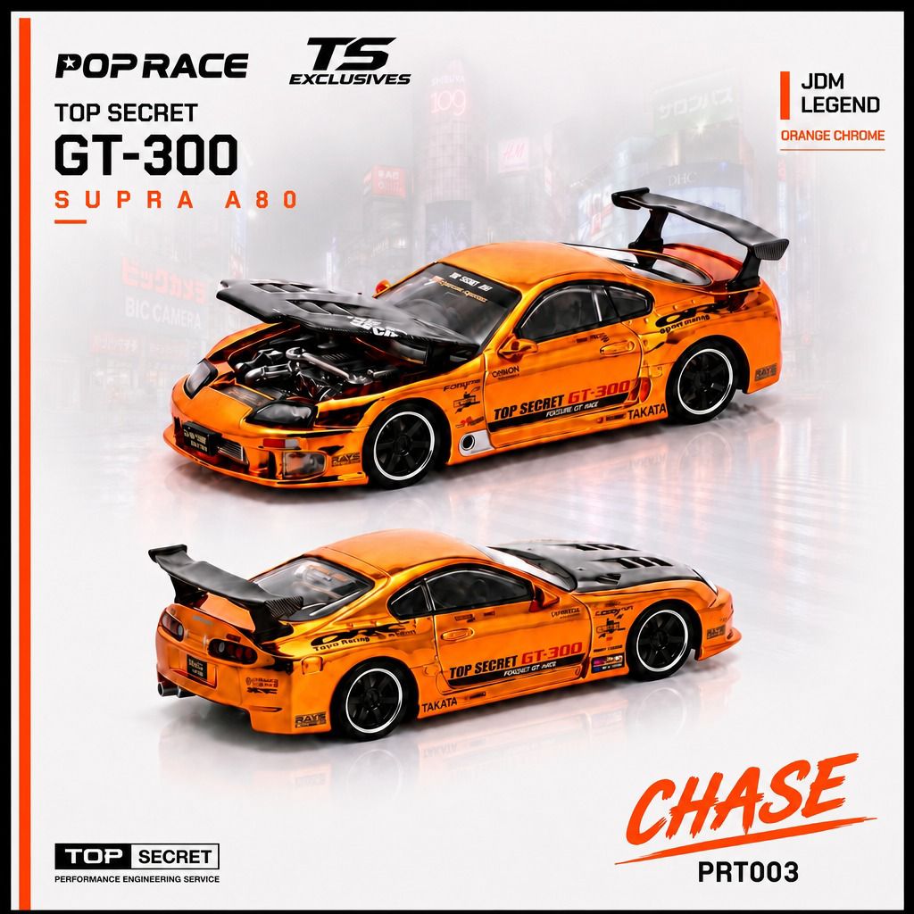 PREORDER POPRACE x TOKYO STATION (TS) Exclusives 1/64 TOP SECRET SUPRA A80 GT300 ORANGE CHROME PRT003